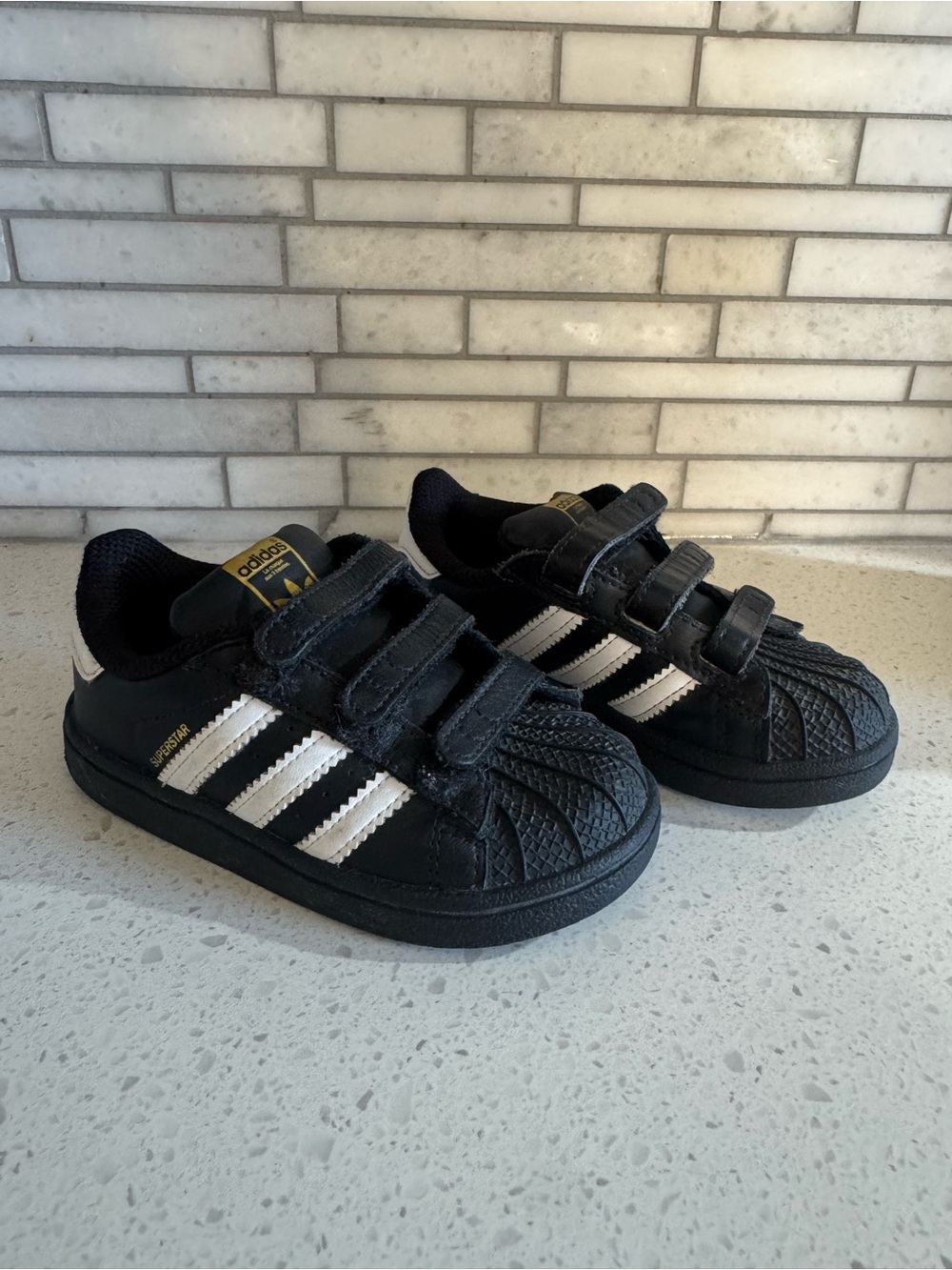 adidas Kids Black & White Velcro Shell-Toe Sneakers